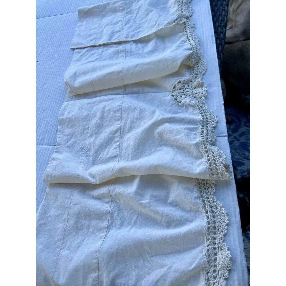 Vintage Handmade Cotton Café Curtain Panel w/ Hand Crochet Lace Trim 56”
